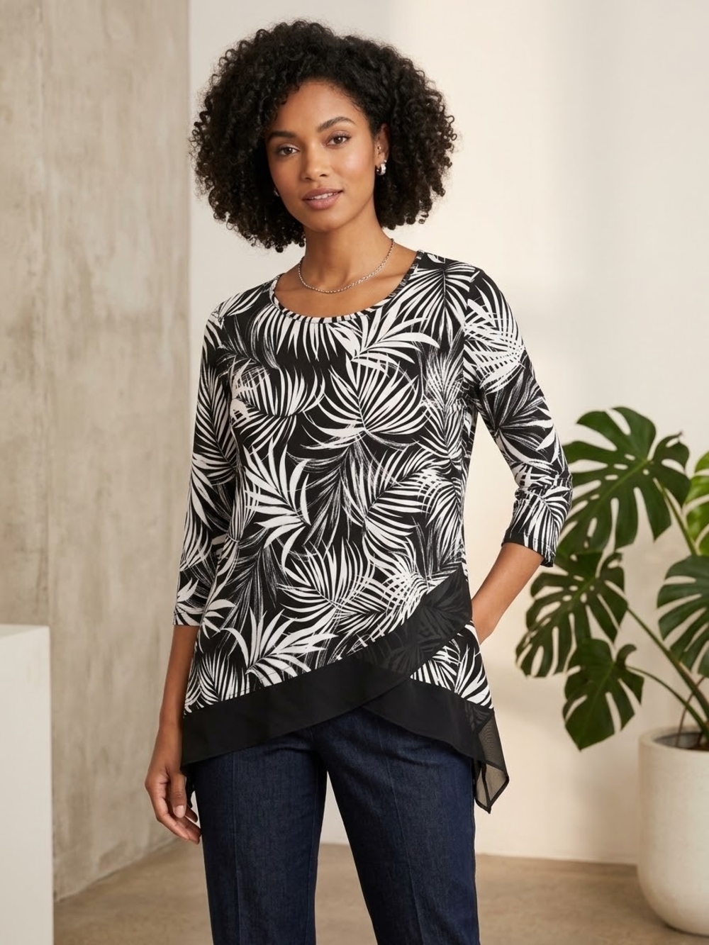 Karen Kane Black and White Palm-Print Asymmetric Hem Blouse